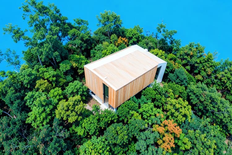 Vista aérea de uma cabana modular de madeira com detalhes em branco, cercada por vegetação verde.