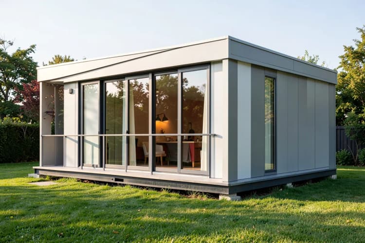 Fachada de uma cabana modular moderna com janelas grandes e varanda, em um gramado.