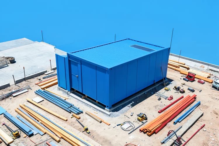 Uma cabana modular sendo montada em um local com ferramentas e materiais de construção ao redor.