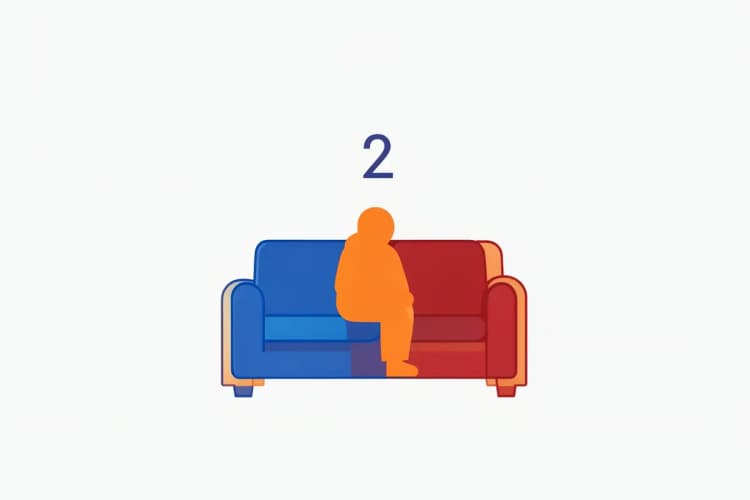 Diagrama simples mostrando uma pessoa sentada em um sofá dentro de uma cabana com um número '2' acima.